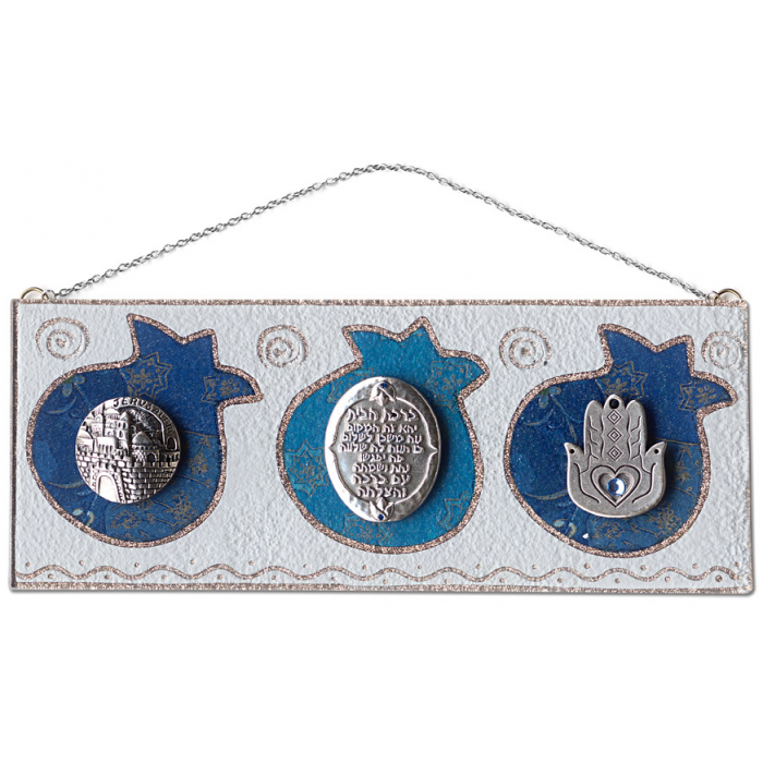 Glass Hanging Blessing for the Home Plaque with Blue Pomegranates