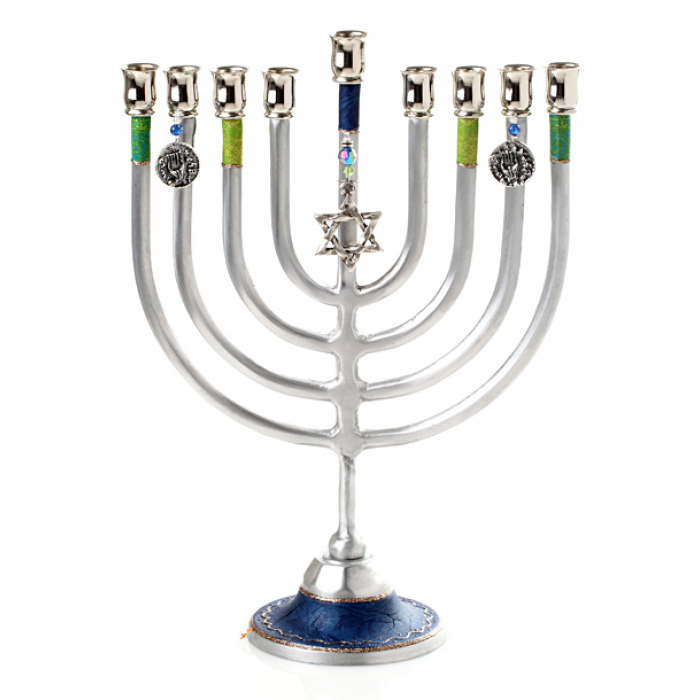 Aluminum Hanukkah Menorah with Blue Green Color Scheme