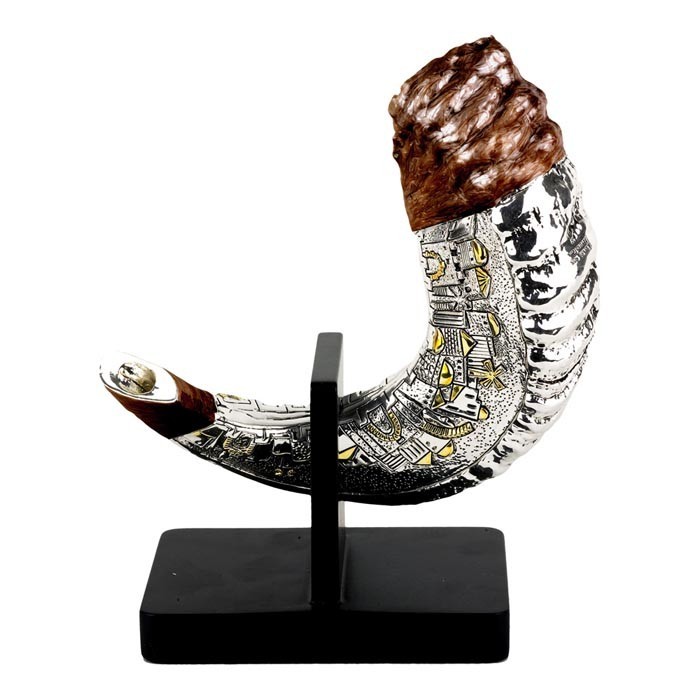 Silver and Brown Medium Useable Shofar with Jerusalem Imagery 