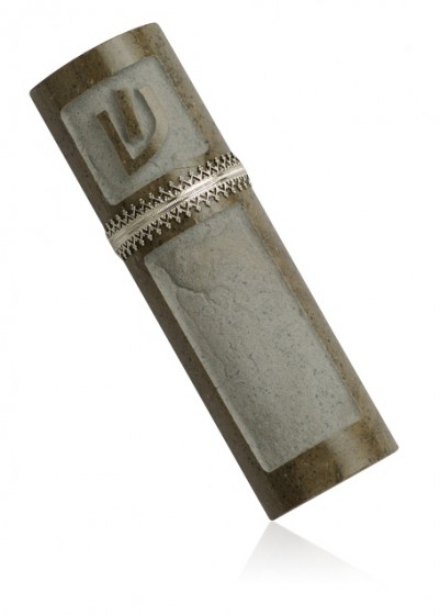 Galilee Stone Mezuzah with Antique Sterling Silver Bar and Modern Shin