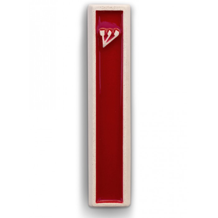 White Mezuzah with Hebrew Shin and Red Interior from Concrete by ceMMent