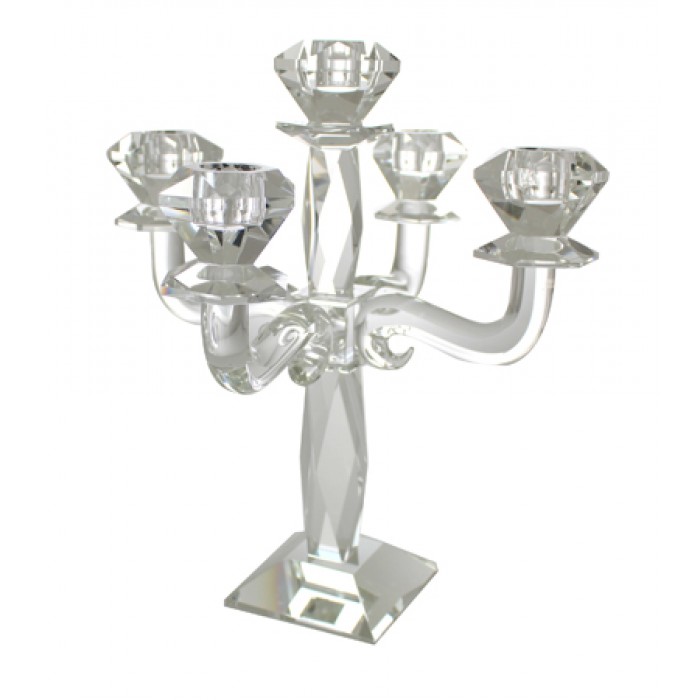 Five Branch Crystal Candelabra with Square Base and Raised Center