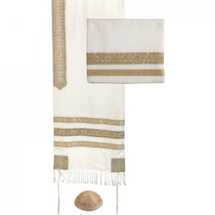 Gold Stripes Matching Tallit with Bag and Kippa by Yair Emanuel