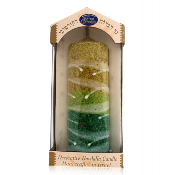 Galilee Style Candles Pillar Havdalah Candle with Green and Yellow Stripes