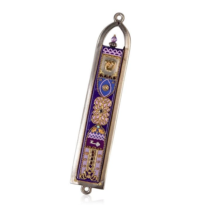Ester Shahaf Pewter Mezuzah with Gold and Purple Accents and Shin