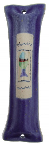 Blue and Beige Ceramic Mezuzah with Fish and Blue Lines