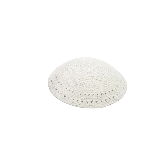 16 Centimetre White Knitted Kippah with Holes and Thick Yarn