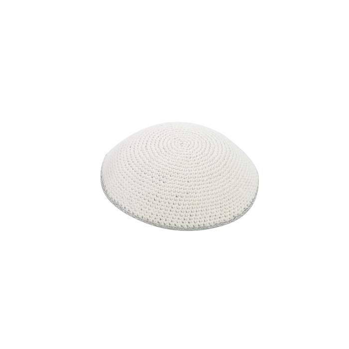 16 Centimetre White Knitted Kippah with Thin Silver Rim