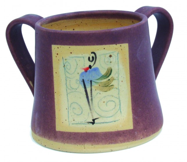 Brown Ceramic Washing Cup with Bird and Swirling Lines