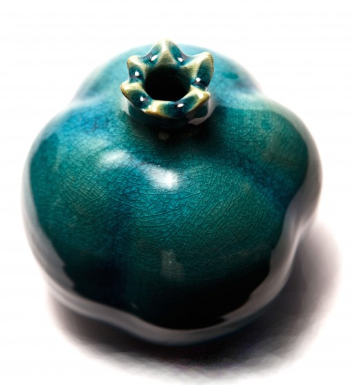 Blue and Turquoise Ceramic Pomegranate with Etched Lines