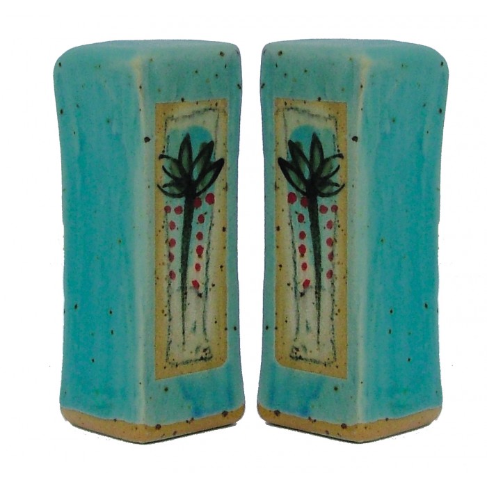 Turquoise Ceramic Salt Shaker Set with Palm Tree Design