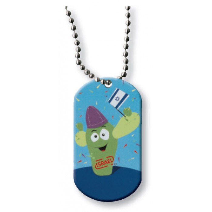 Blue Dog Tag Pendant with Cactus, English Text and Necklace Chain