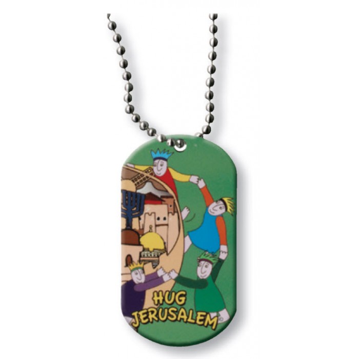 Green Dog Tag Pendant with Embrace Jerusalem Theme and Necklace Chain