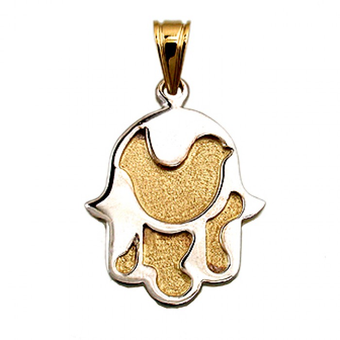 Hamsa and Dove Pendant in 14K White and Yellow Gold