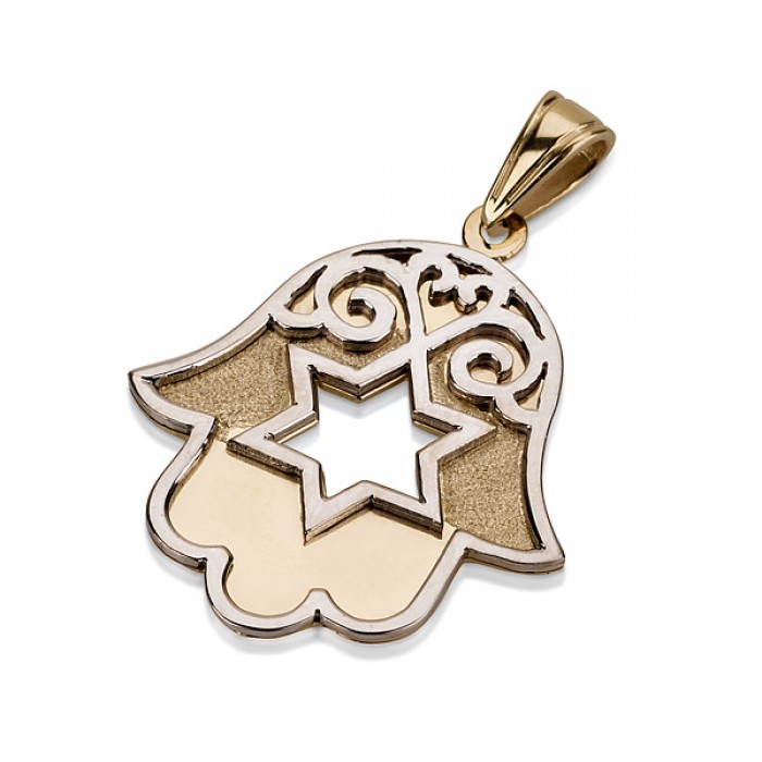 14k Yellow Gold Hamsa Pendant with Cutout Star of David and Scrolling Lines
