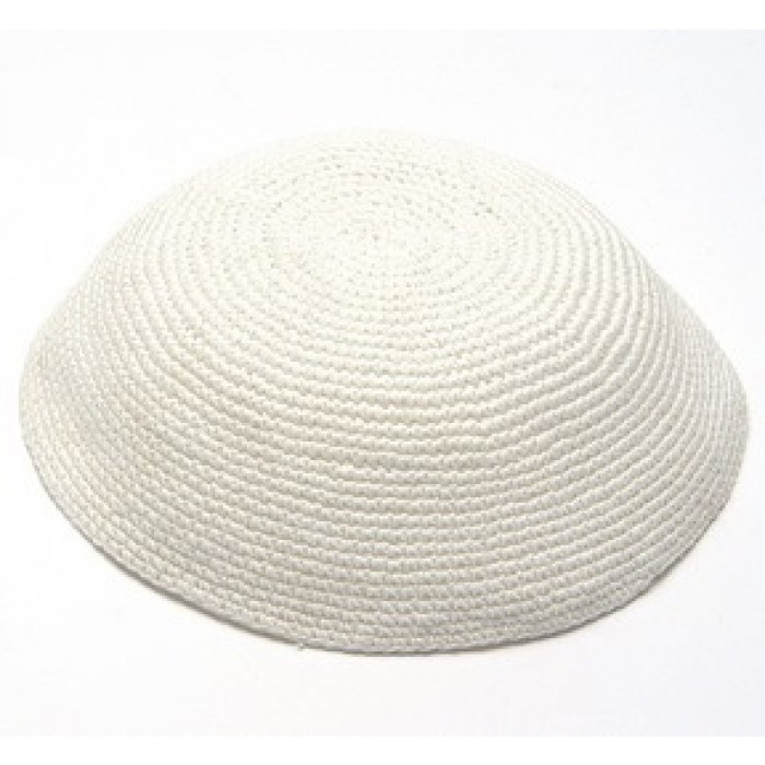 White Knitted Kippah with Simple Crocheted Pattern