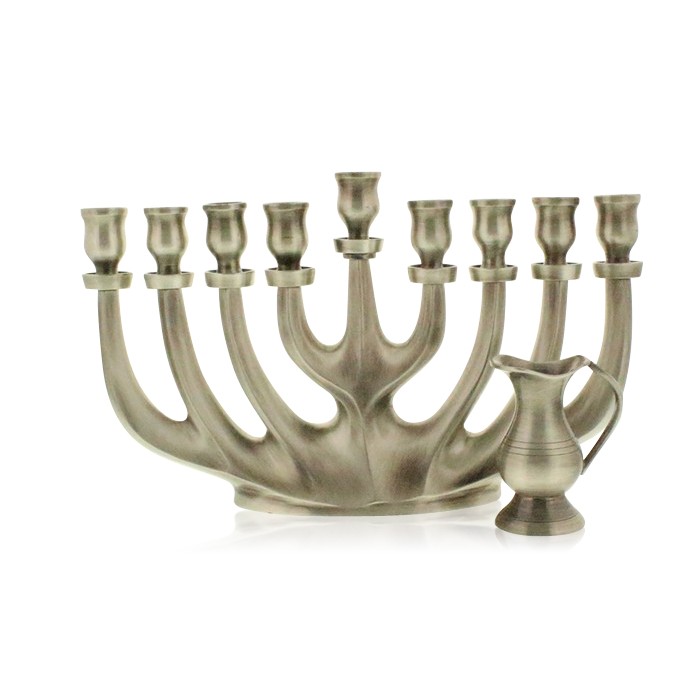 Pewter Hanukkah Menorah with Contemporary Curved Branches and Oil Jug Ornament