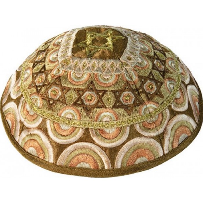 Yair Emanuel Kippah with Star of David and Rainbows in Gold and Brown