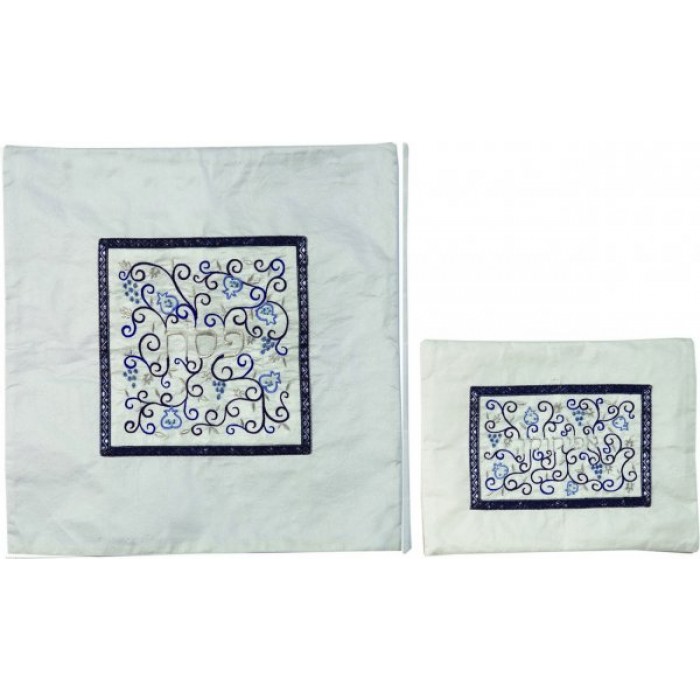 Yair Emanuel Matzah Cover Set with Embroidered Pomegranates in Blue on White