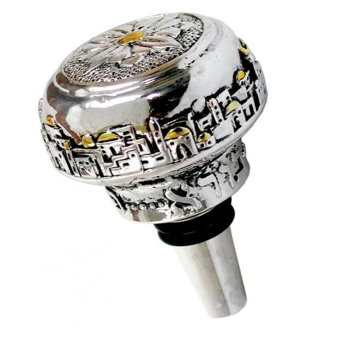 Wine Stopper in Plated Silver with Jerusalem and Floral Design
