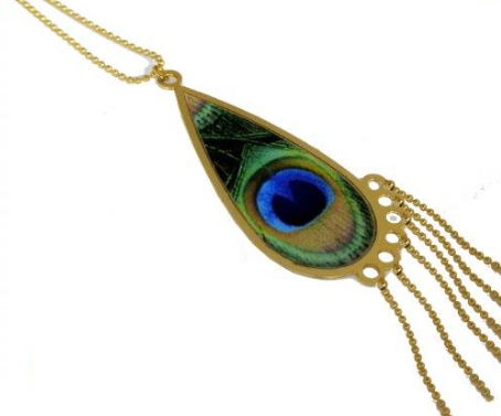 Necklace with Teardrop-Shaped Pendant with Peacock Feather Pattern and Gold Fringes