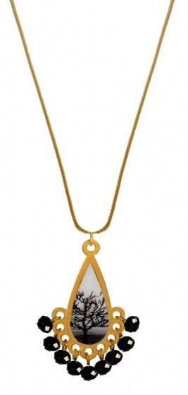 Necklace with Teardrop-Shaped Pendant and Forest Tree Pattern