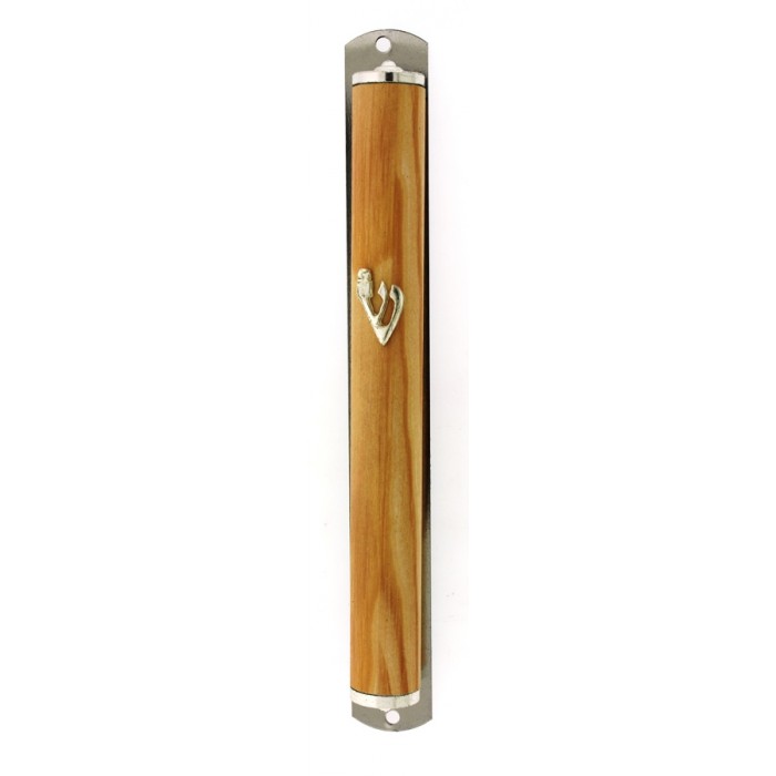 Metal Mezuzah with Light Brown Wood Styling and Traditional Hebrew Letter Shin