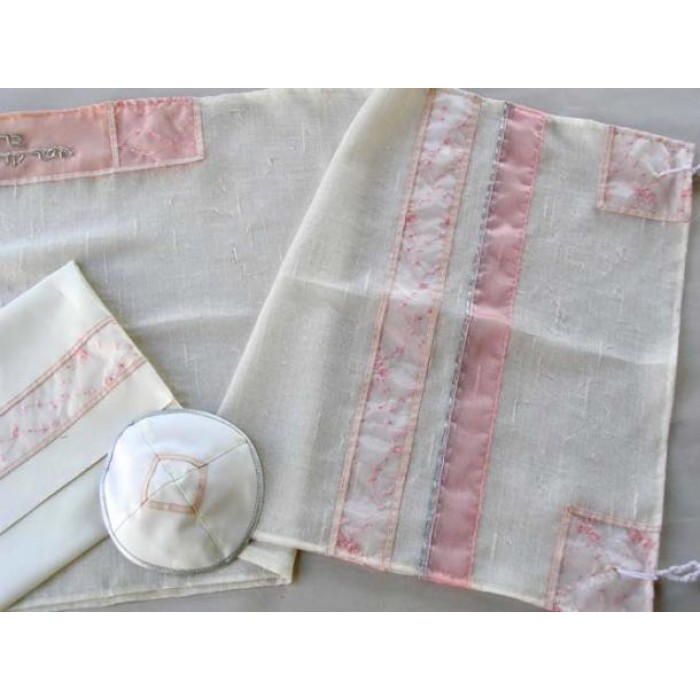 White Women’s Tallit with Pink Stripes by Galilee Silks