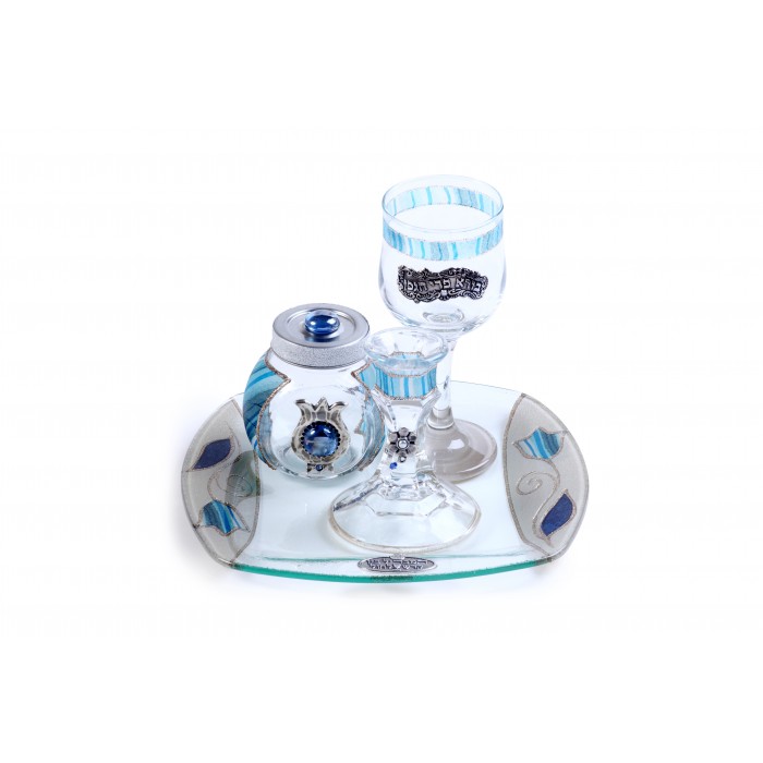 Glass Havdalah Set with Blue Stripe Pattern and Flowers