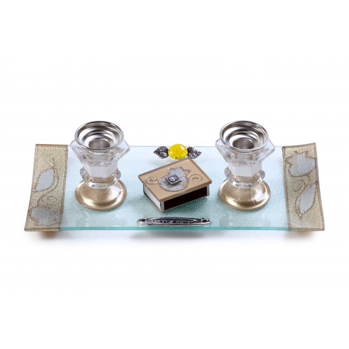 Glass Shabbat Candlestick Set with White Floral Pomegranates and Matchbox