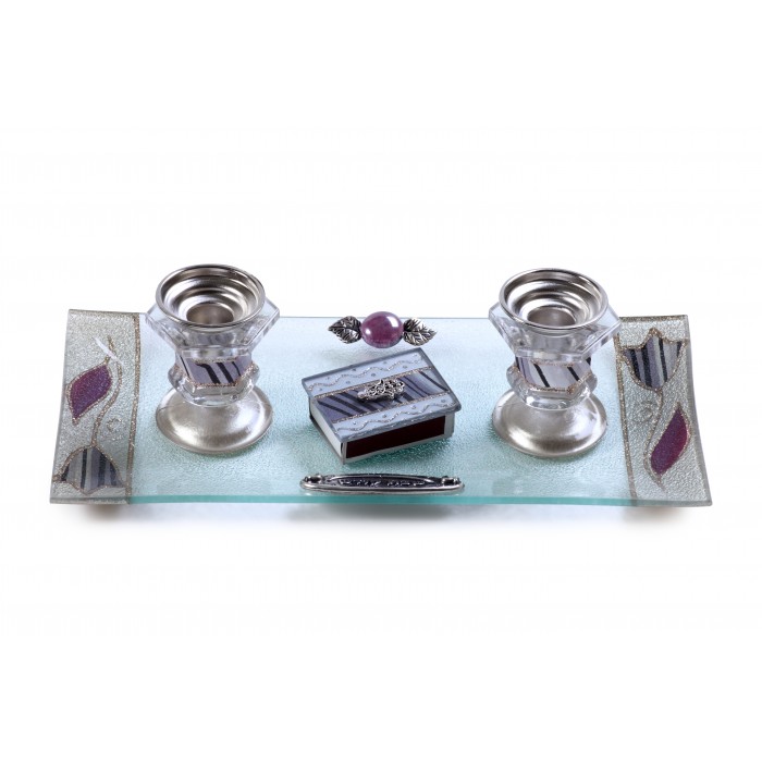 Glass Shabbat Candlestick Set with Purple Stripes, Flowers and Matchbox