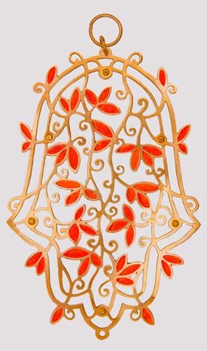 Brass Hamsa with Orange Leaves and Scrolling Lines
