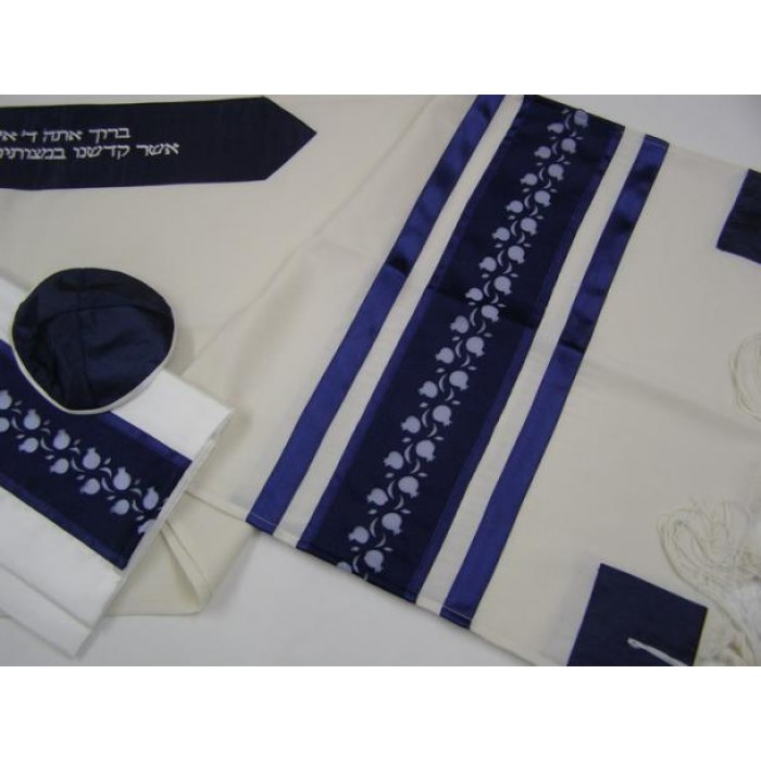 White Tallit with Blue & Light Blue Pomegranates by Galilee Silks