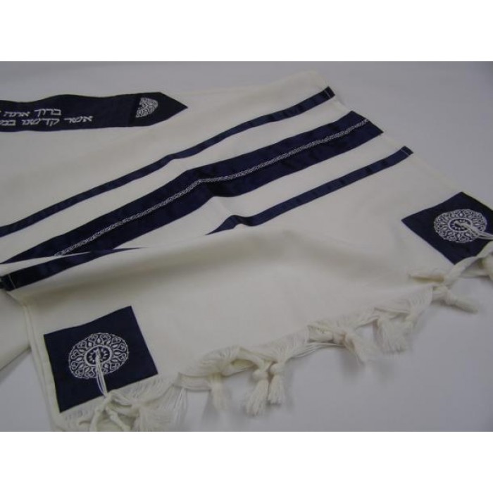 White Tallit with Blue & Embroidered Reinforcements by Galilee Silks