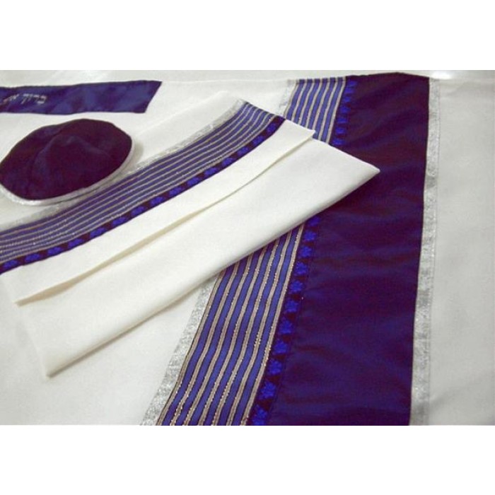Woolen Tallit with Blue Band and Blue & Gold Stripes by Galilee Silks