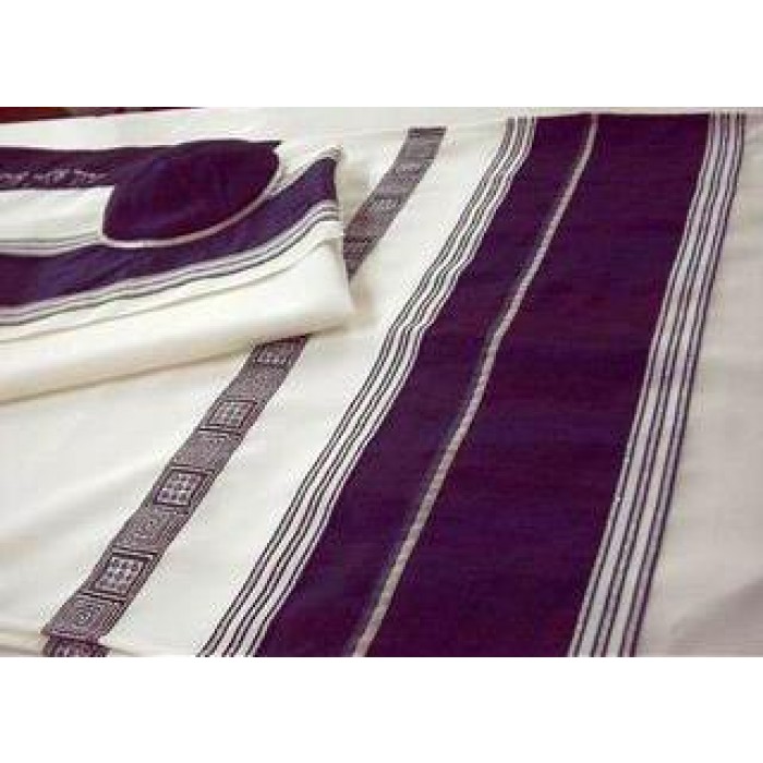 Woolen Tallit with Blue Stripes & Square Patterned Ribbon by Galilee Silks