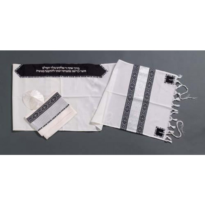 Woolen Tallit with Gray Patterned Ribbons by Galilee Silks