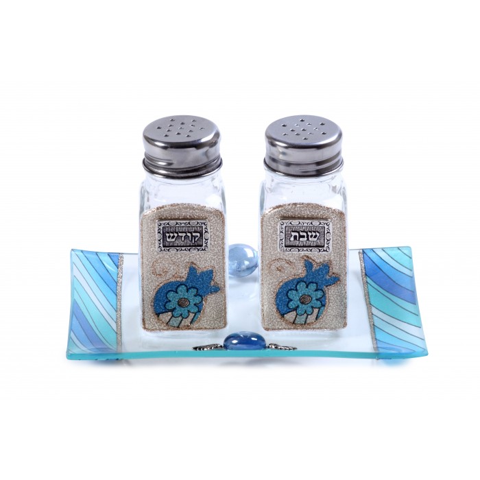 Glass Salt and Pepper Shaker Set with Blue Pomegranates, Stripes and Flowers
