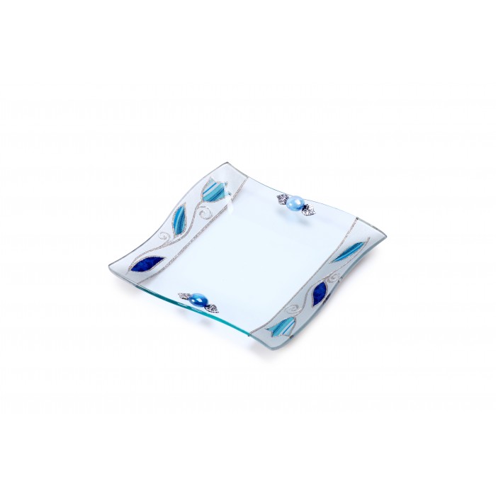 Glass Serving Tray with Curved Design and Blue Striped Flowers with Beads