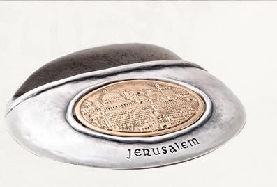 Silver Business Card Holder with Copper Jerusalem Image and English Text