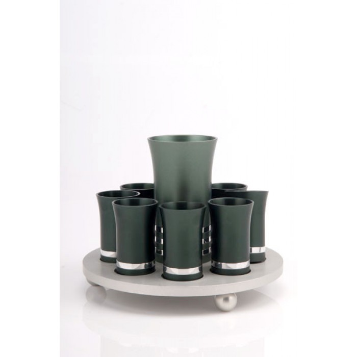 Green Aluminum Kiddush Cup Set with Stripes and Round Silver Colored Tray