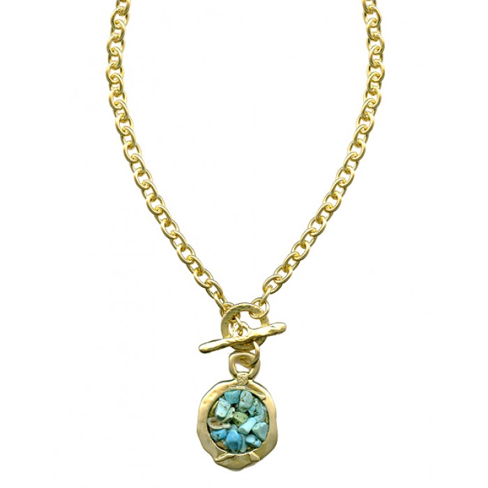 Gold Necklace with Link Chain, Toggle Clasp and Round Turquoise Pendant