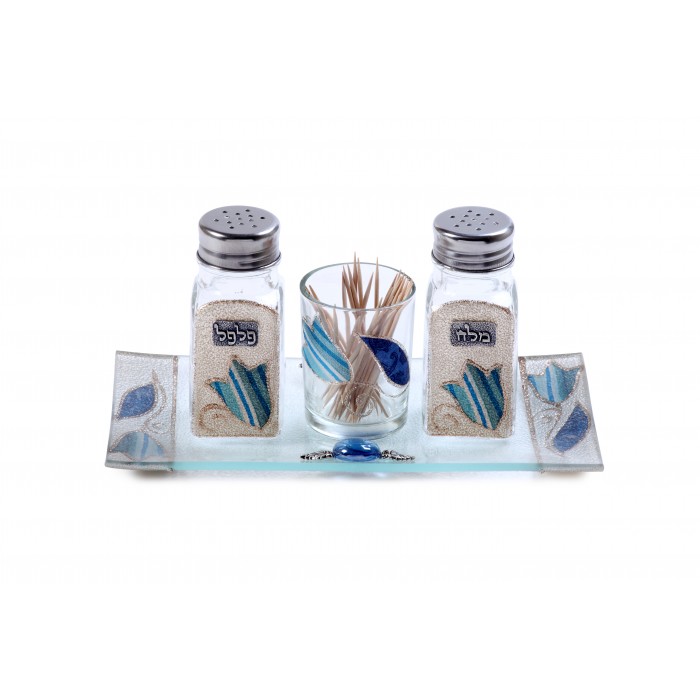 Glass Salt and Pepper Shaker Set with Blue Striped Flowers