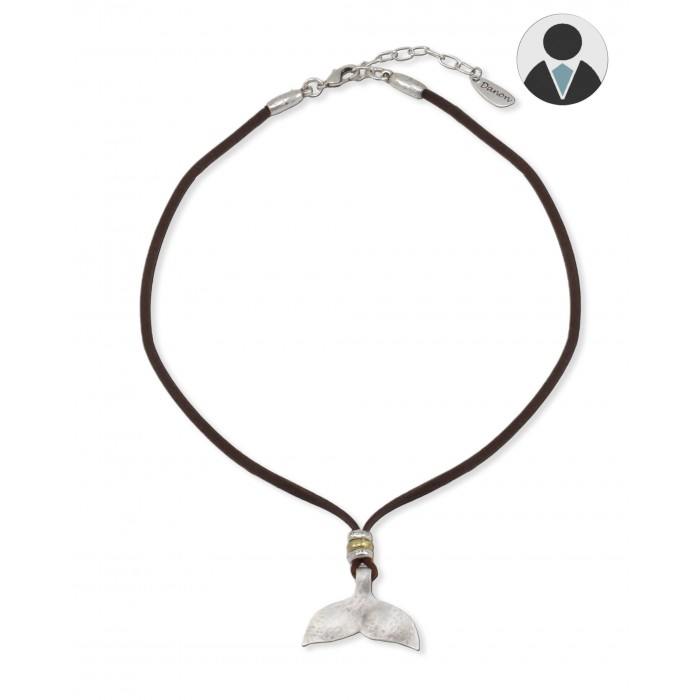 Necklace with Whale Tail Pendant in Silver and Brown Leather Chain