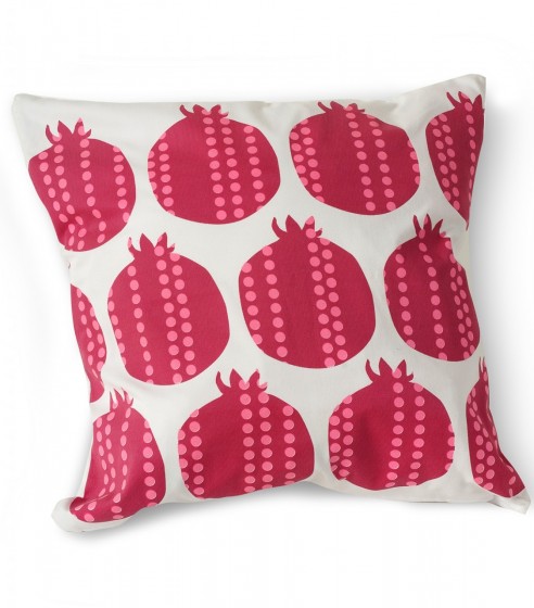 White Sofa Cushion with Large Red Pomegranates by Barbara Shaw