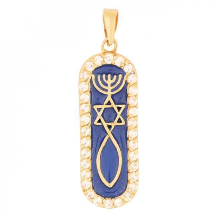 Gold Plated Messianic Pendant in Blue Enamel and Crystal Frame