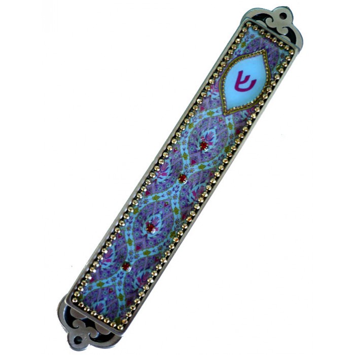 7 Centimetre Mezuzah with Hand-painted Purple Decorations in Pewter
