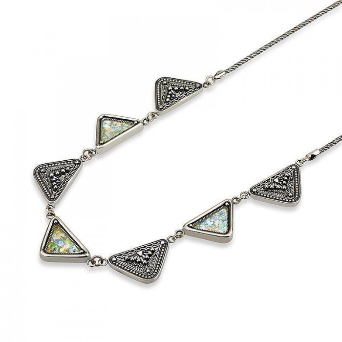 Silver Necklace with Triangle Charms and Roman Glass
