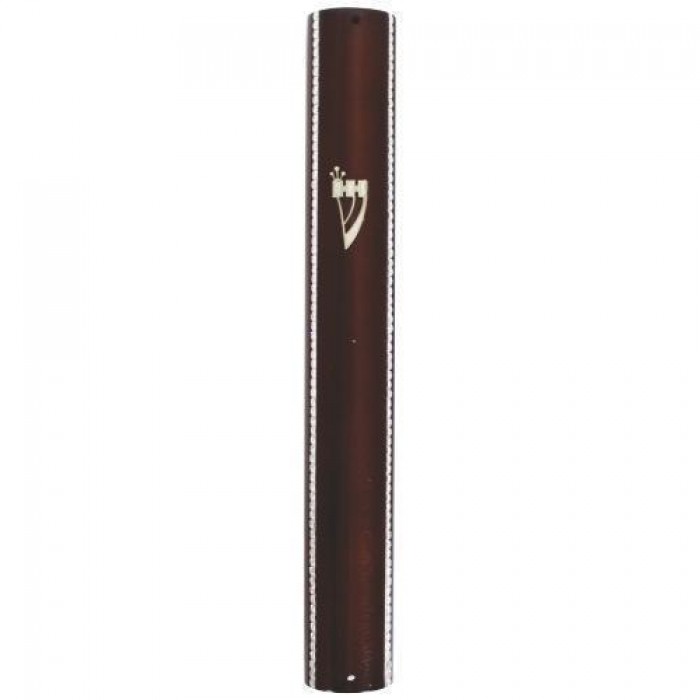 Brown Wood Mezuzah with Silver Shin & Side Stripes 20cm