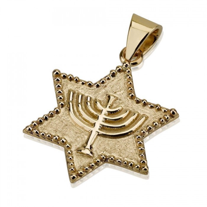 Star of David Pendant with Menorah Design in 14k Yellow Gold